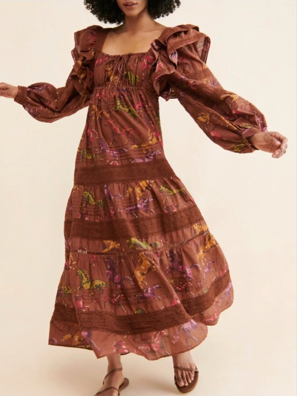 Farm Rio Bohemian Boho Western Dotted Horse Maxi Cotton Dress Brown size XL